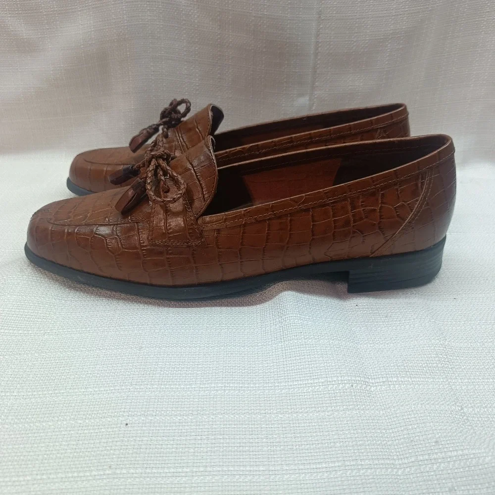 Vtg Y2K Naturalizer Womens 8M Tan‎ Leather Croc Natural Flex Loafer Shoes 712N82